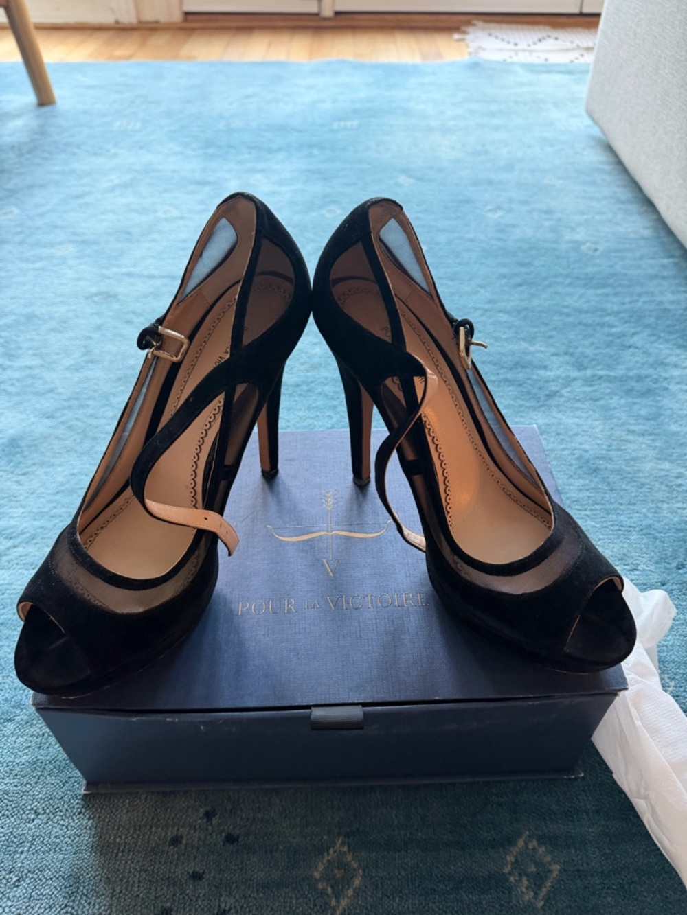 Pour La Victoire Black Suede Peep-Toe Ankle-Strap Stilettos
